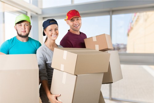 Office relocation planning materials and moving boxes in a business setting