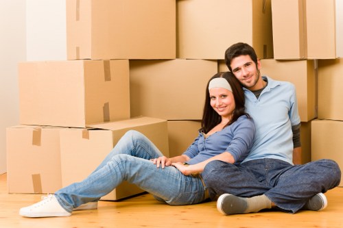 Packed storage unit showing organized boxes and furniture